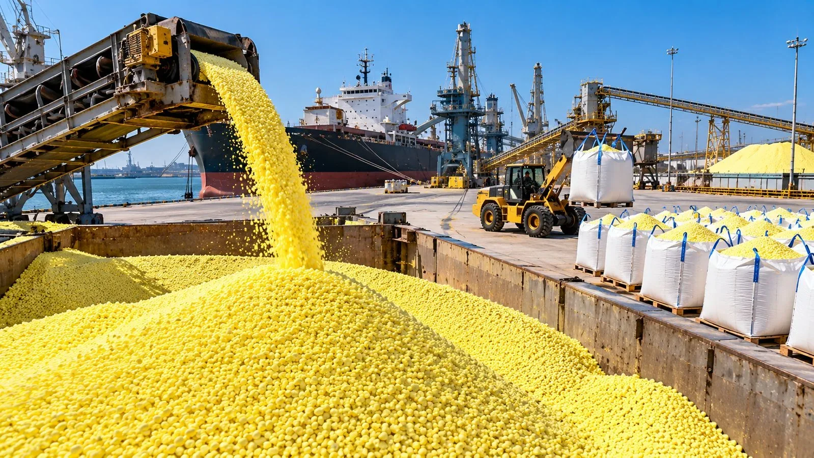 Port terminal loading granular sulphur onto a bulk carrier