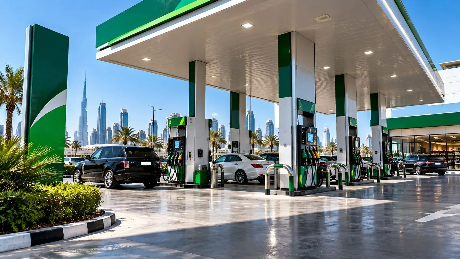 Modern fuel station with petrol pumps and a city skyline behind