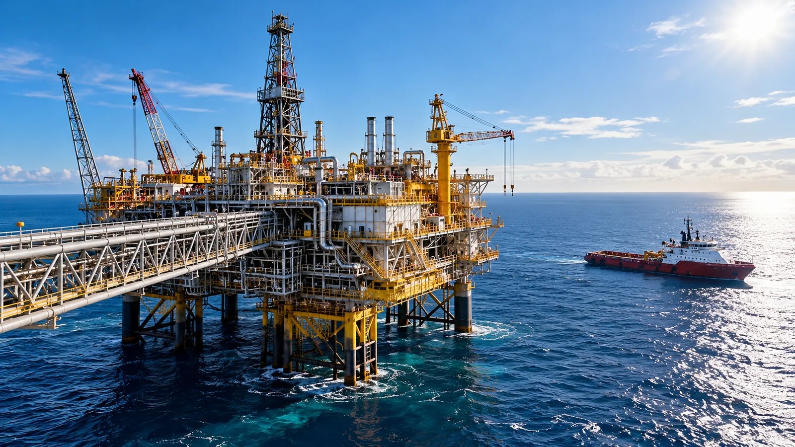 Offshore oil production platform with a supply vessel at sea