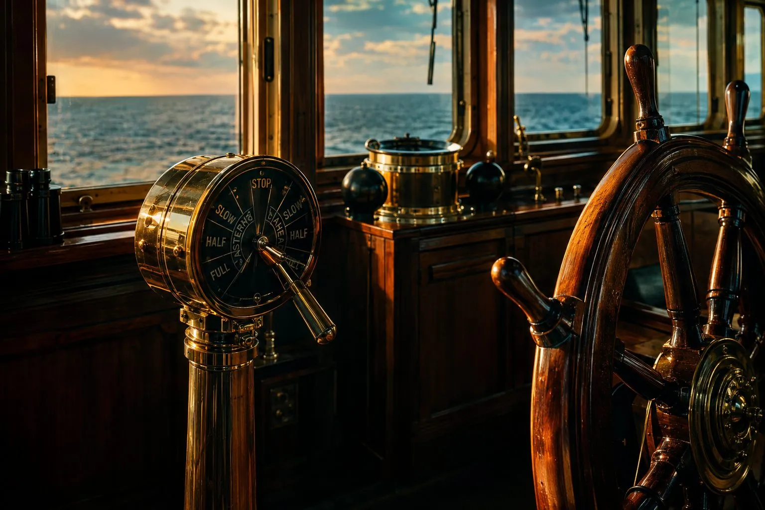 Brass engine telegraph on a ship's bridge